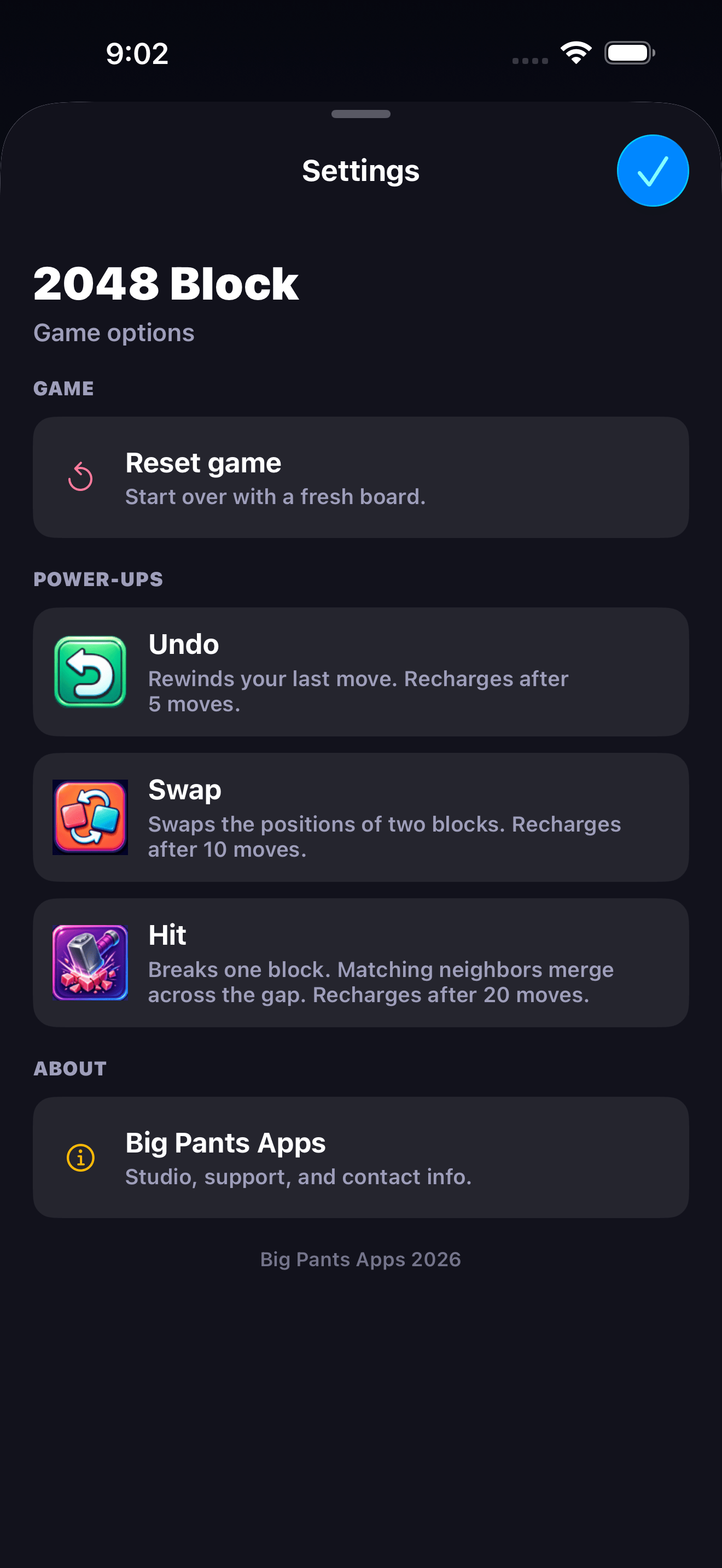2048 Block settings screenshot