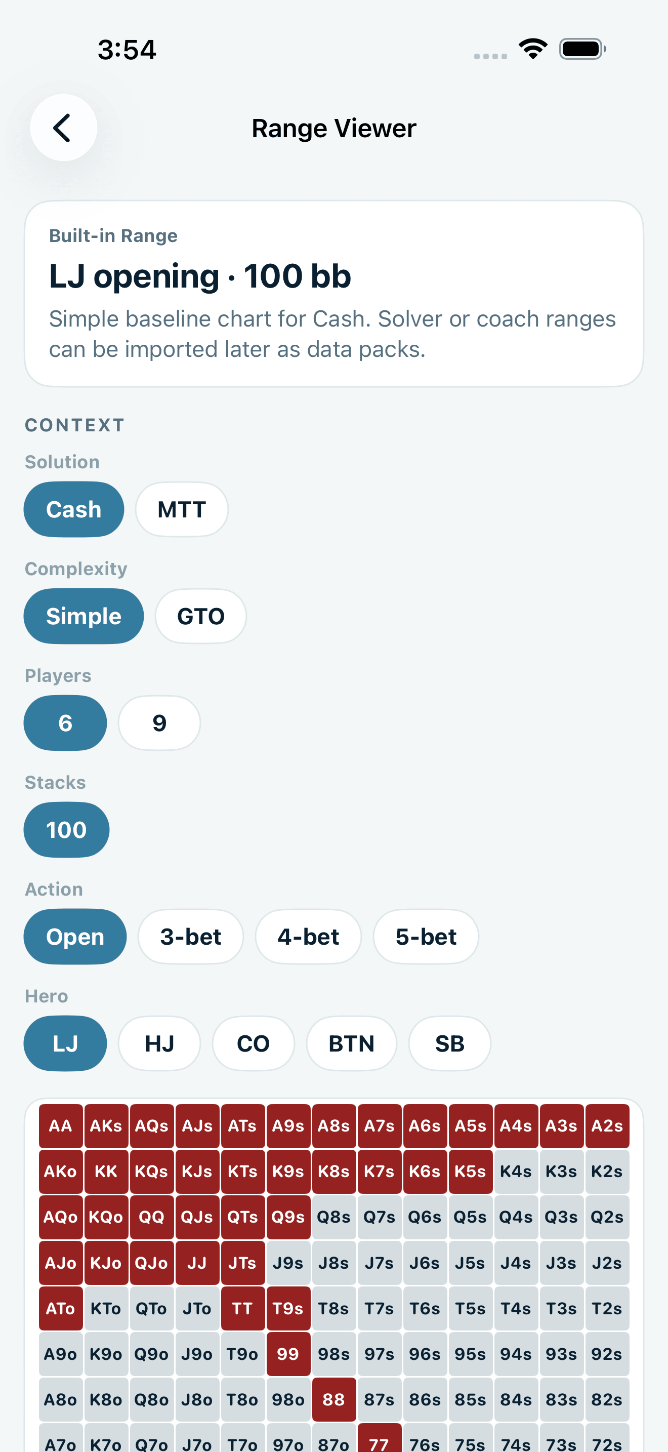 Poker Trainer Drills range viewer screenshot